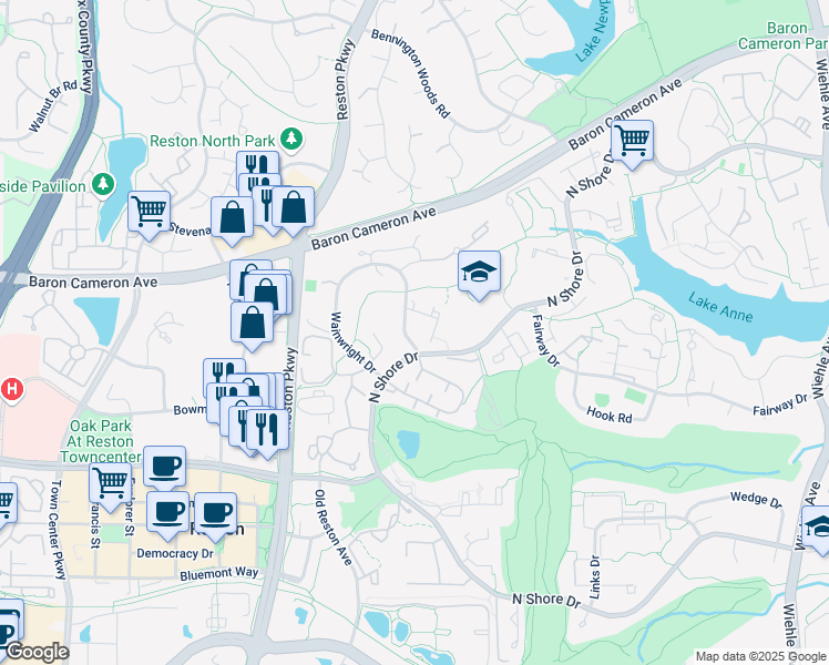 map of restaurants, bars, coffee shops, grocery stores, and more near 1622 Wainwright Drive in Reston