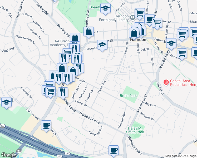 map of restaurants, bars, coffee shops, grocery stores, and more near 523 Florida Avenue in Herndon