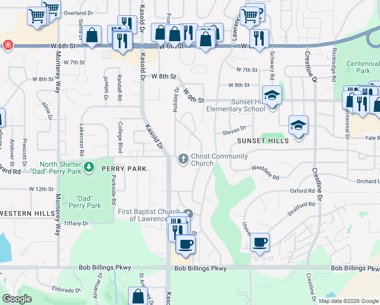 map of restaurants, bars, coffee shops, grocery stores, and more near 3205 Harvard Road in Lawrence