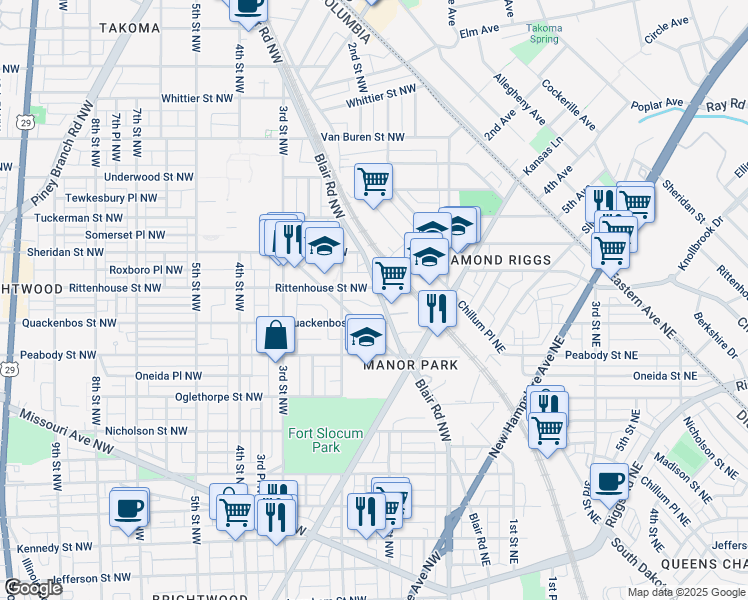 map of restaurants, bars, coffee shops, grocery stores, and more near 6124 Blair Road Northwest in Washington