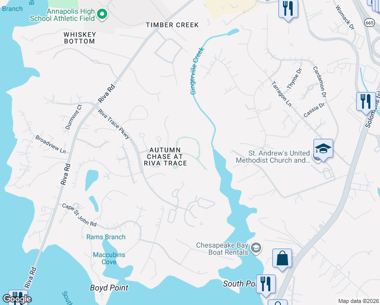 map of restaurants, bars, coffee shops, grocery stores, and more near 130 Summer Village Drive in Annapolis