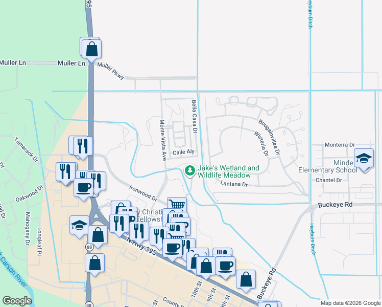 map of restaurants, bars, coffee shops, grocery stores, and more near 993 Bella Rosa Drive in Minden