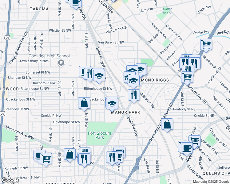 map of restaurants, bars, coffee shops, grocery stores, and more near 6124 Blair Road Northwest in Washington