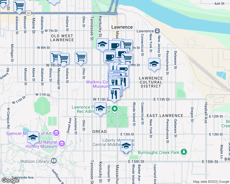 map of restaurants, bars, coffee shops, grocery stores, and more near in Lawrence