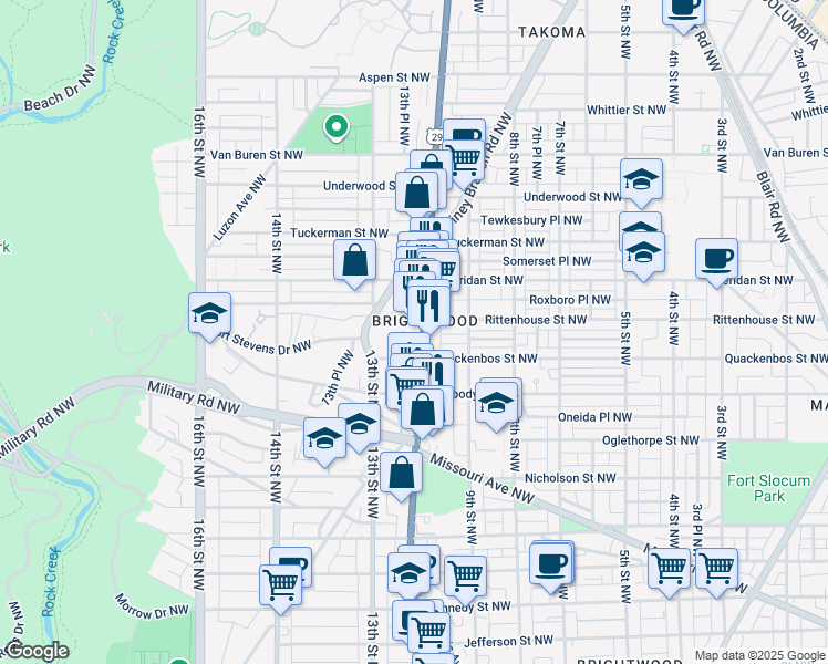 map of restaurants, bars, coffee shops, grocery stores, and more near 6120 Georgia Avenue Northwest in Washington