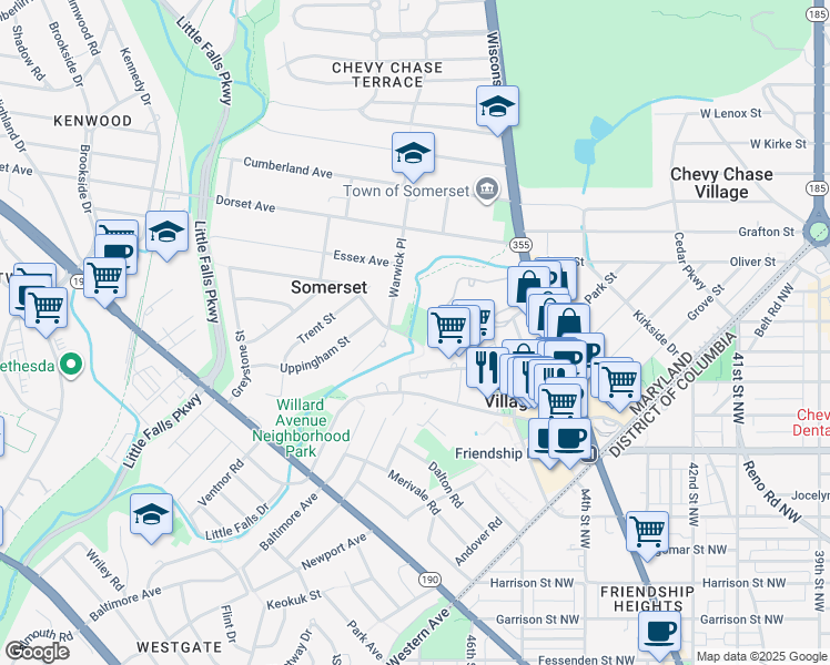 map of restaurants, bars, coffee shops, grocery stores, and more near 5545 Warwick Place in Bethesda