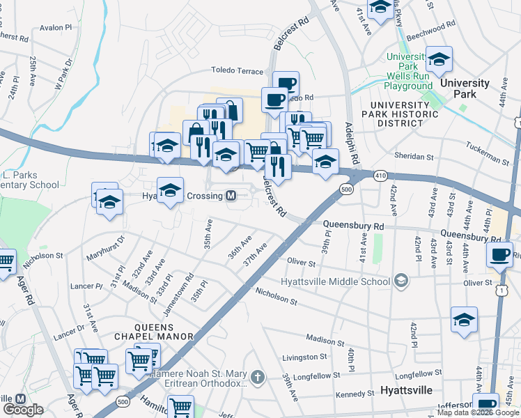 map of restaurants, bars, coffee shops, grocery stores, and more near 101 Independence Avenue Southeast in Washington