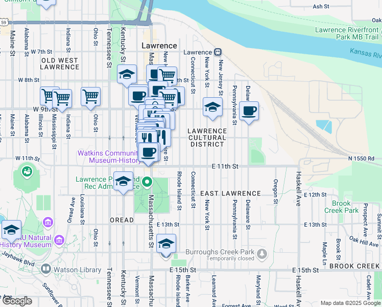 map of restaurants, bars, coffee shops, grocery stores, and more near 300 East 11th Street in Lawrence