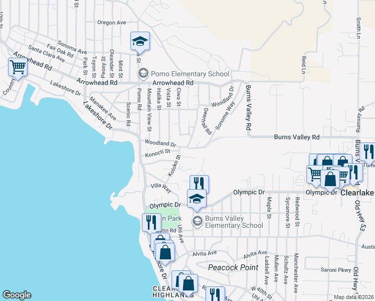 map of restaurants, bars, coffee shops, grocery stores, and more near 14219 Sonoma Way in Clearlake