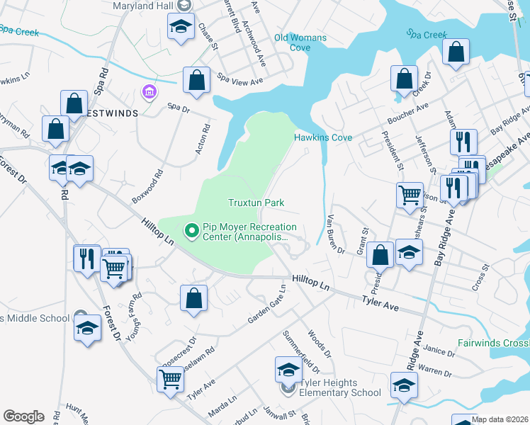 map of restaurants, bars, coffee shops, grocery stores, and more near 1002 Primrose Road in Annapolis