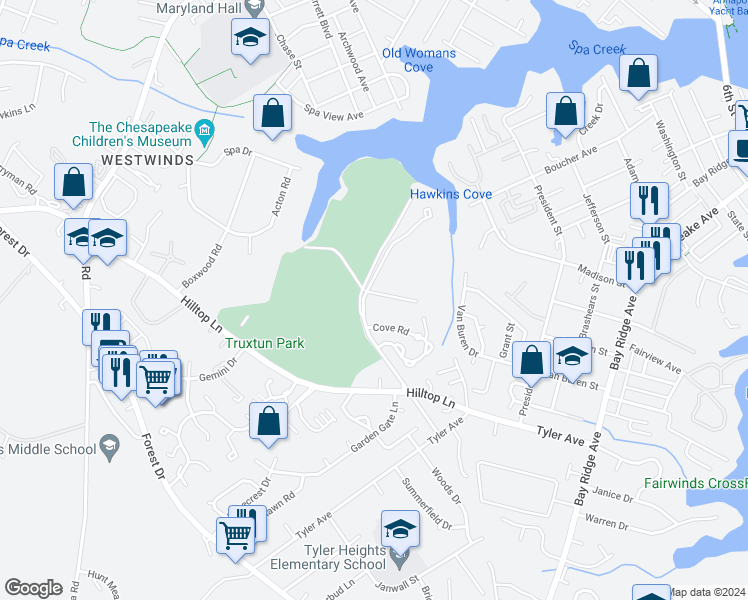 map of restaurants, bars, coffee shops, grocery stores, and more near 1117 Primrose Court in Annapolis