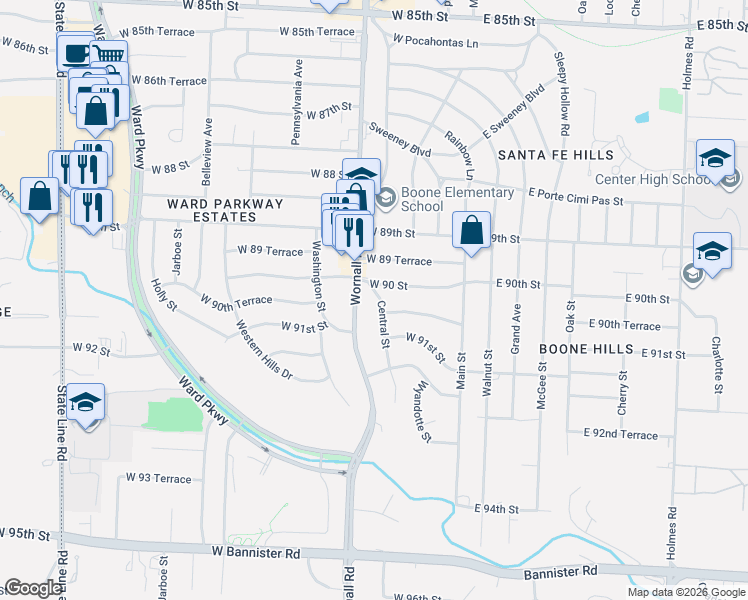 map of restaurants, bars, coffee shops, grocery stores, and more near 9010 Central Street in Kansas City