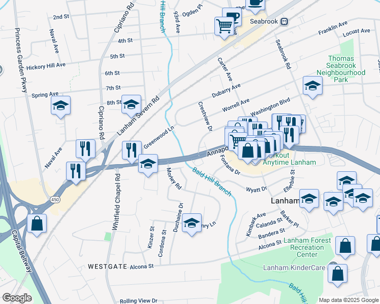 map of restaurants, bars, coffee shops, grocery stores, and more near 9244 Annapolis Road in Lanham