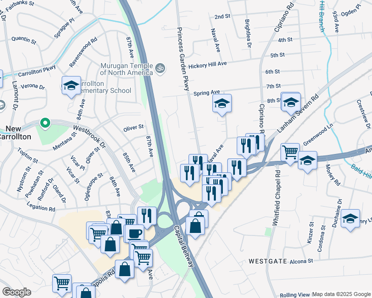 map of restaurants, bars, coffee shops, grocery stores, and more near 6016 Princess Garden Parkway in New Carrollton