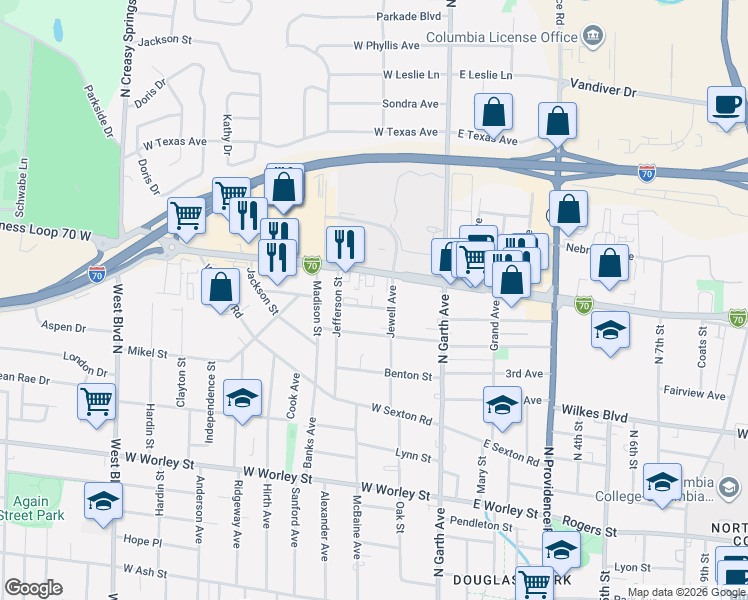 map of restaurants, bars, coffee shops, grocery stores, and more near 207 Highview Avenue in Columbia