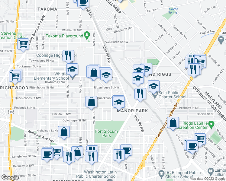 map of restaurants, bars, coffee shops, grocery stores, and more near 6115 2nd Street Northwest in Washington