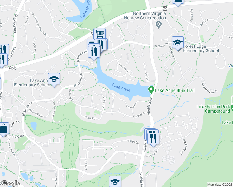 map of restaurants, bars, coffee shops, grocery stores, and more near 1605 Greenbriar Court in Reston