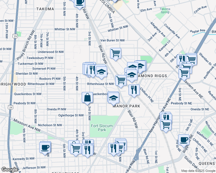 map of restaurants, bars, coffee shops, grocery stores, and more near 6115 2nd Street Northwest in Washington