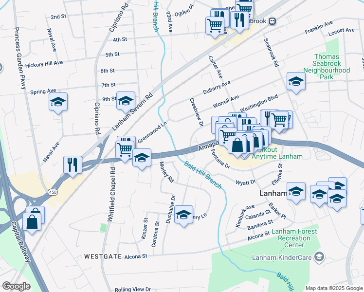 map of restaurants, bars, coffee shops, grocery stores, and more near 9244 Annapolis Road in Lanham