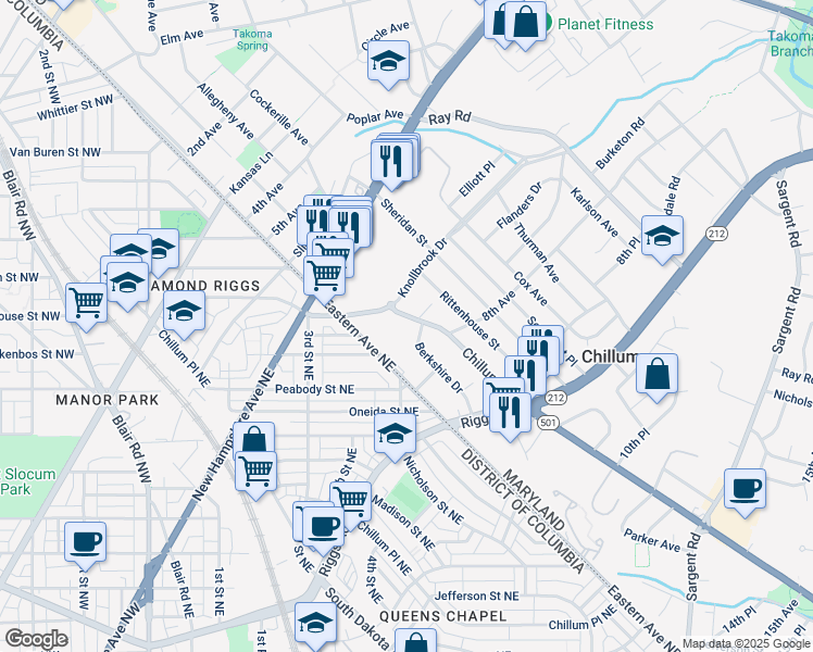 map of restaurants, bars, coffee shops, grocery stores, and more near 721 Chillum Road in Hyattsville