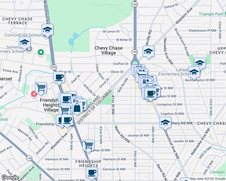 map of restaurants, bars, coffee shops, grocery stores, and more near 5548 41st Street Northwest in Washington