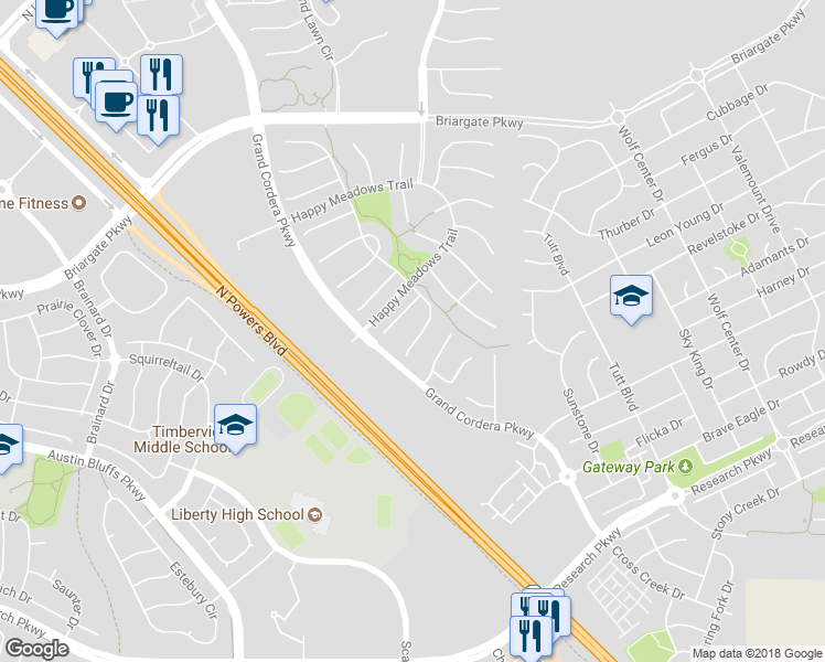 map of restaurants, bars, coffee shops, grocery stores, and more near 9156 Lizard Rock Trail in Colorado Springs