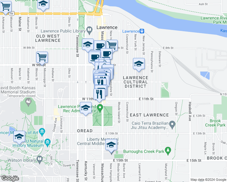map of restaurants, bars, coffee shops, grocery stores, and more near 1000 New Hampshire Street in Lawrence