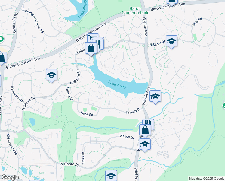 map of restaurants, bars, coffee shops, grocery stores, and more near 1605 Greenbriar Court in Reston