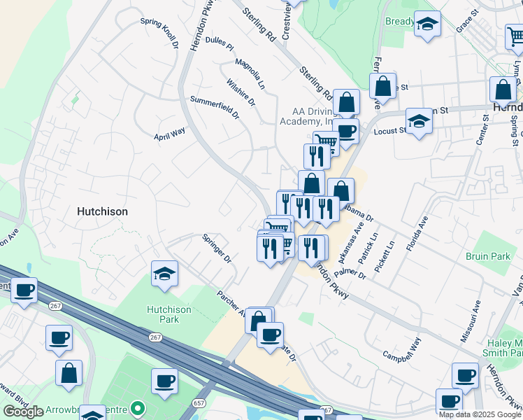 map of restaurants, bars, coffee shops, grocery stores, and more near 1171 Herndon Parkway in Herndon