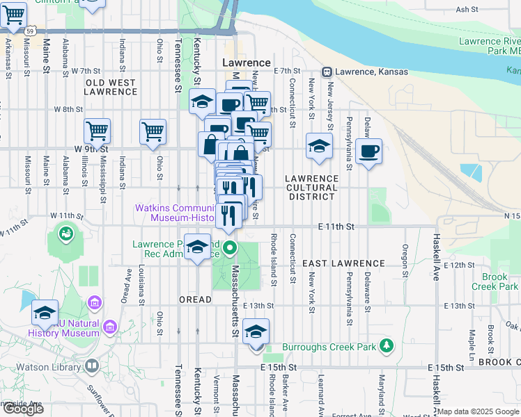 map of restaurants, bars, coffee shops, grocery stores, and more near in Lawrence