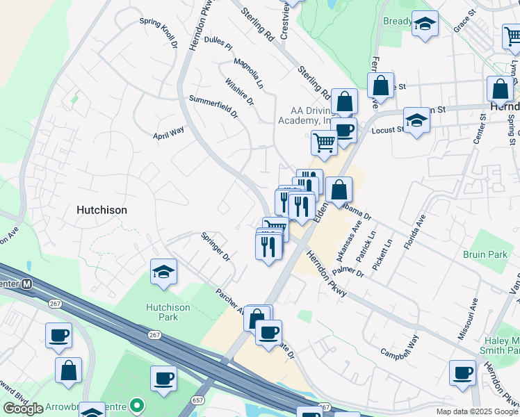map of restaurants, bars, coffee shops, grocery stores, and more near 1171 Herndon Parkway in Herndon