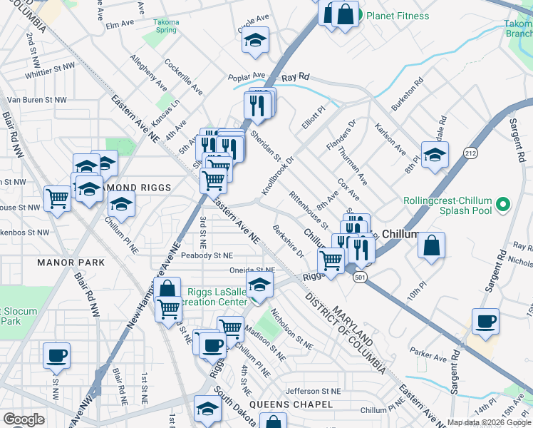 map of restaurants, bars, coffee shops, grocery stores, and more near 721 Chillum Road in Hyattsville