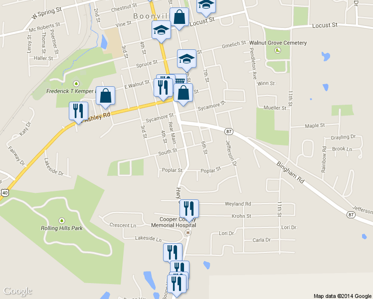 map of restaurants, bars, coffee shops, grocery stores, and more near 1304 Main St in Boonville