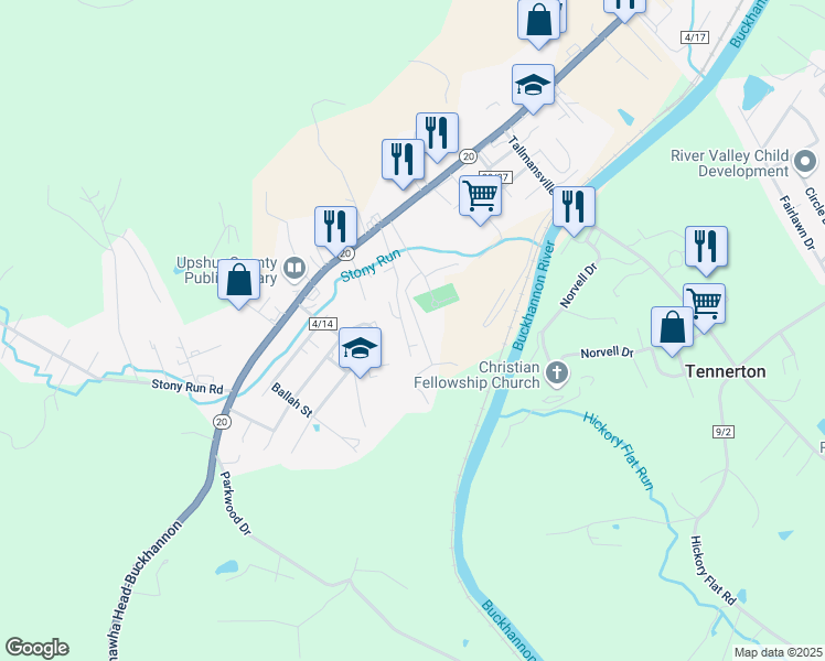 map of restaurants, bars, coffee shops, grocery stores, and more near 90 Jacks Lane in Buckhannon