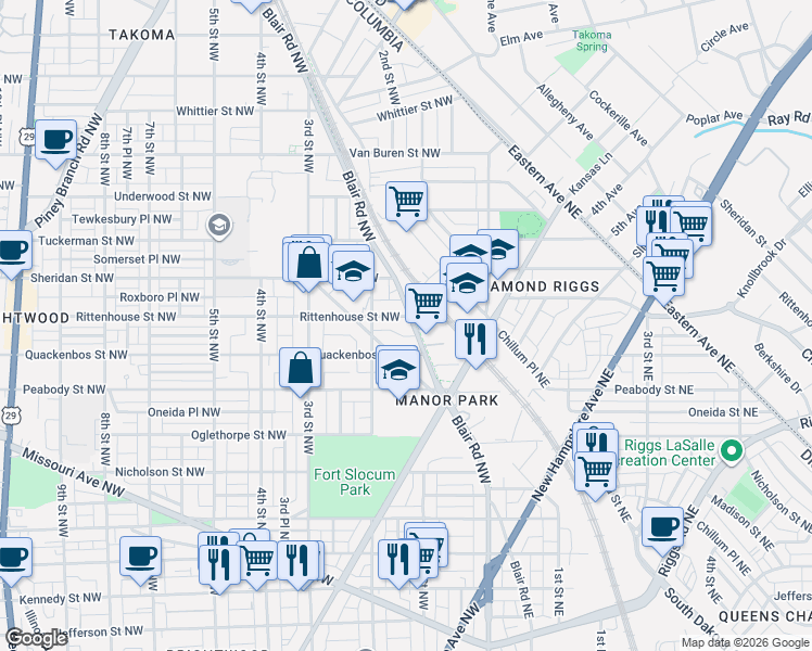 map of restaurants, bars, coffee shops, grocery stores, and more near 6128 Blair Road Northwest in Washington