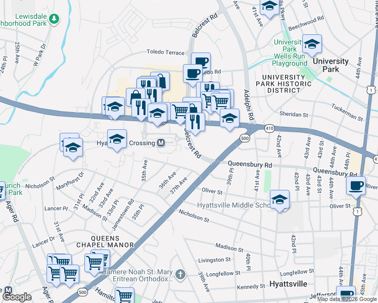 map of restaurants, bars, coffee shops, grocery stores, and more near 6210 Belcrest Road in Hyattsville