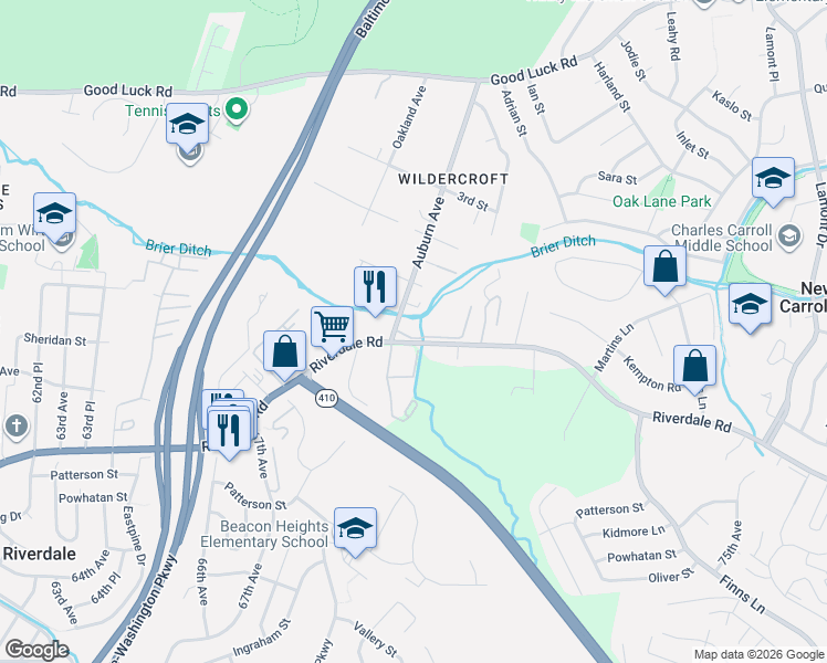 map of restaurants, bars, coffee shops, grocery stores, and more near 6828 Riverdale Road in Lanham