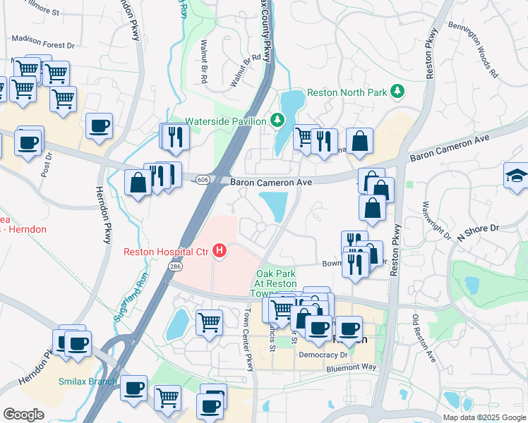 map of restaurants, bars, coffee shops, grocery stores, and more near 1720 Lake Shore Crest Drive in Reston