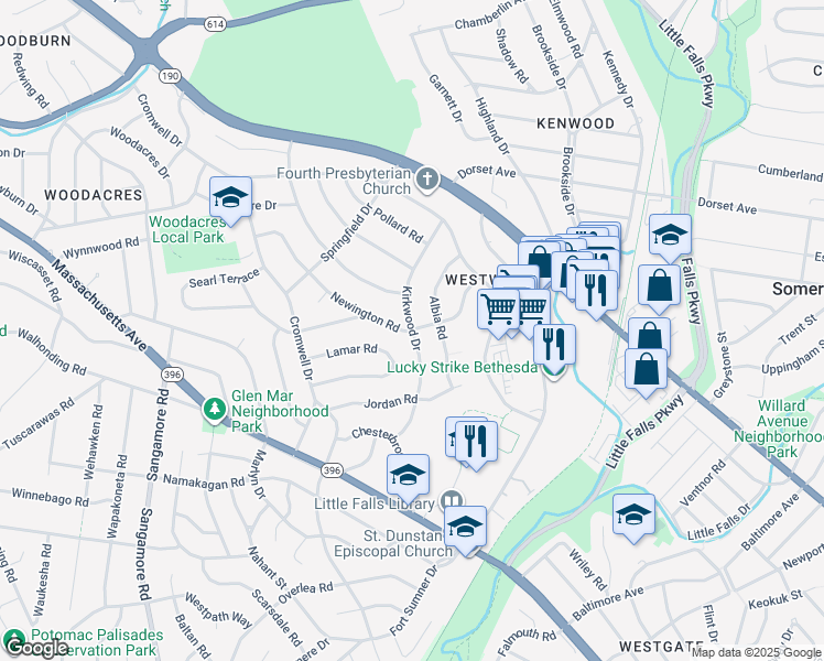 map of restaurants, bars, coffee shops, grocery stores, and more near Kirkwood Drive in Bethesda