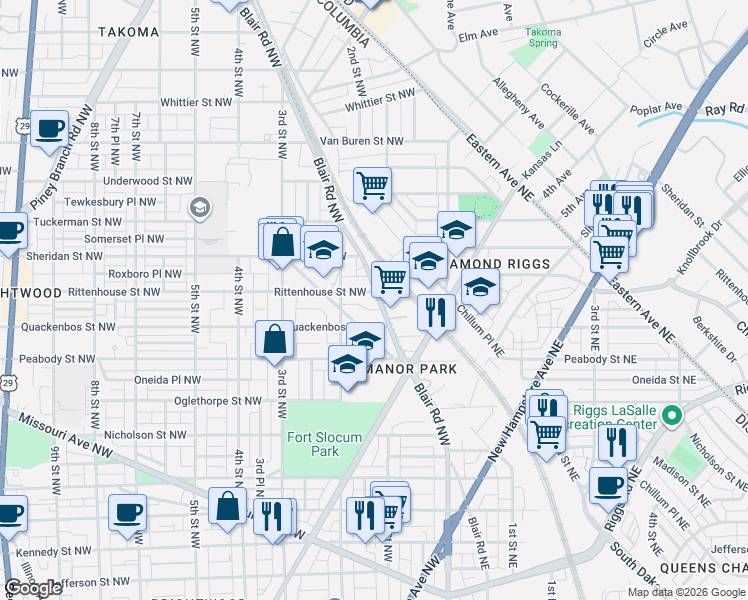 map of restaurants, bars, coffee shops, grocery stores, and more near 6128 Blair Road Northwest in Washington