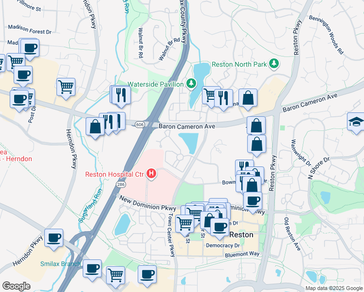 map of restaurants, bars, coffee shops, grocery stores, and more near 1720 Lake Shore Crest Drive in Reston
