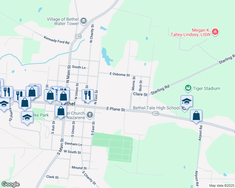 map of restaurants, bars, coffee shops, grocery stores, and more near 125R Morris Street in Bethel