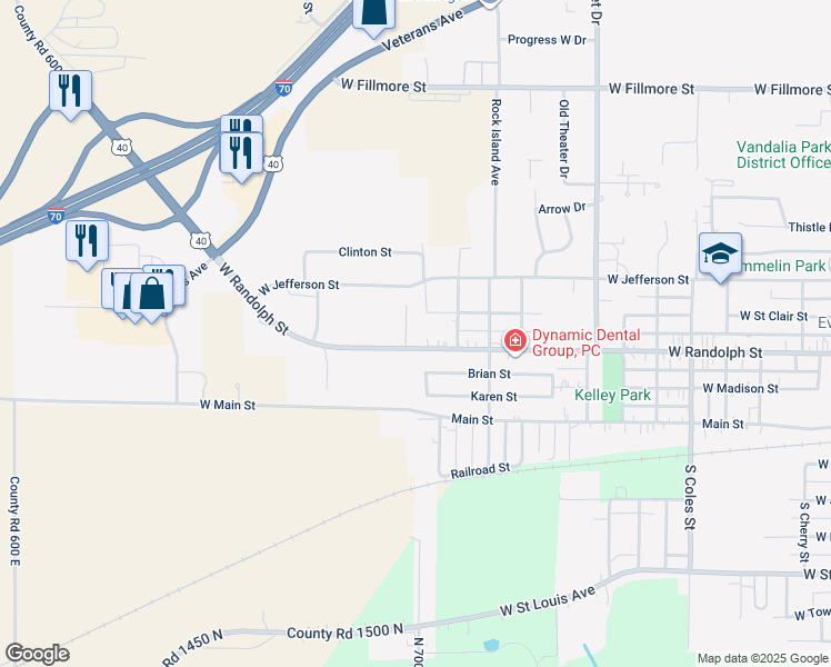 map of restaurants, bars, coffee shops, grocery stores, and more near 2309 Brian Street in Vandalia