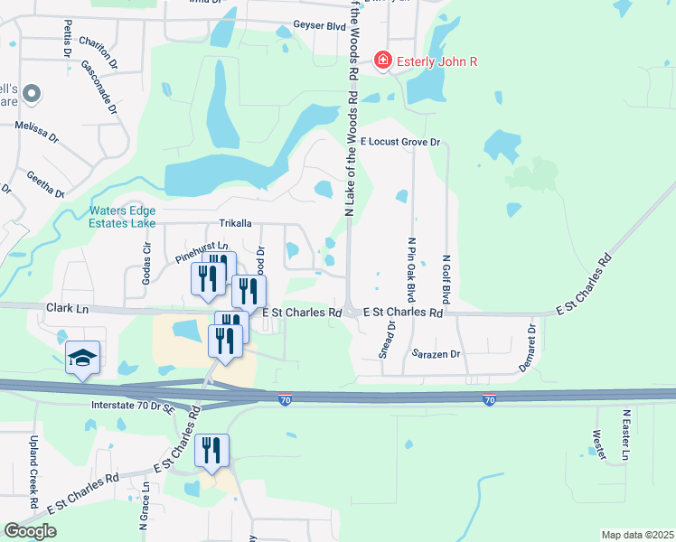 map of restaurants, bars, coffee shops, grocery stores, and more near 1306 North Lake of the Woods Road in Columbia