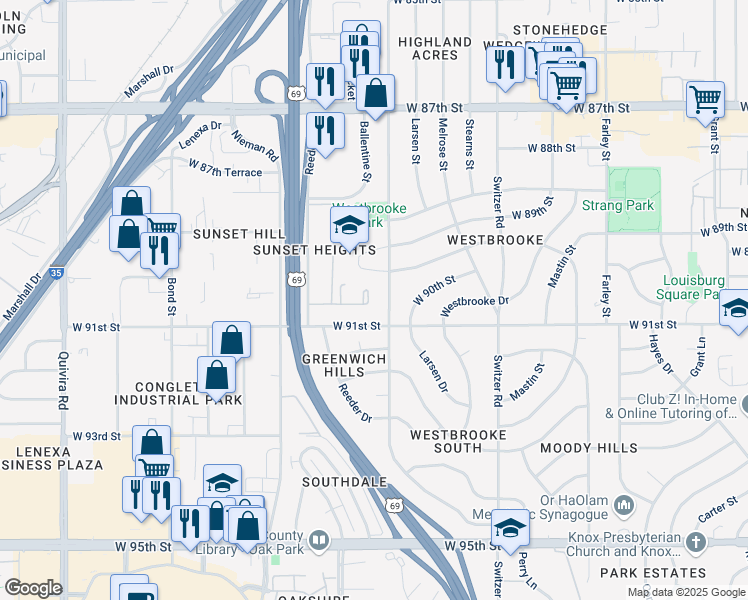 map of restaurants, bars, coffee shops, grocery stores, and more near 10700 West 91st Street in Overland Park