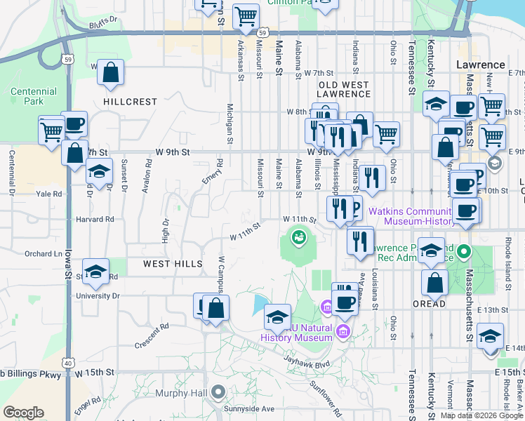 map of restaurants, bars, coffee shops, grocery stores, and more near 1130 West 11th Street in Lawrence