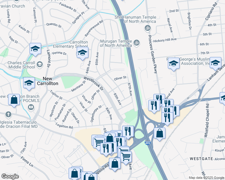 map of restaurants, bars, coffee shops, grocery stores, and more near 85th Avenue in New Carrollton