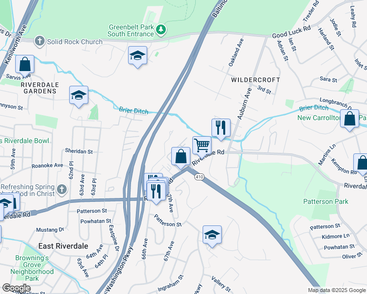 map of restaurants, bars, coffee shops, grocery stores, and more near 6285 Riverdale Road in East Riverdale