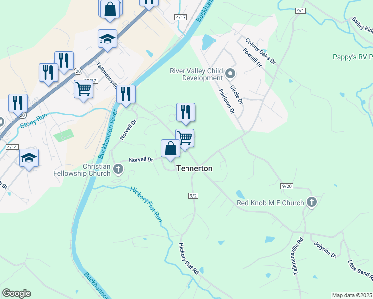 map of restaurants, bars, coffee shops, grocery stores, and more near 2 Foster Street in Buckhannon