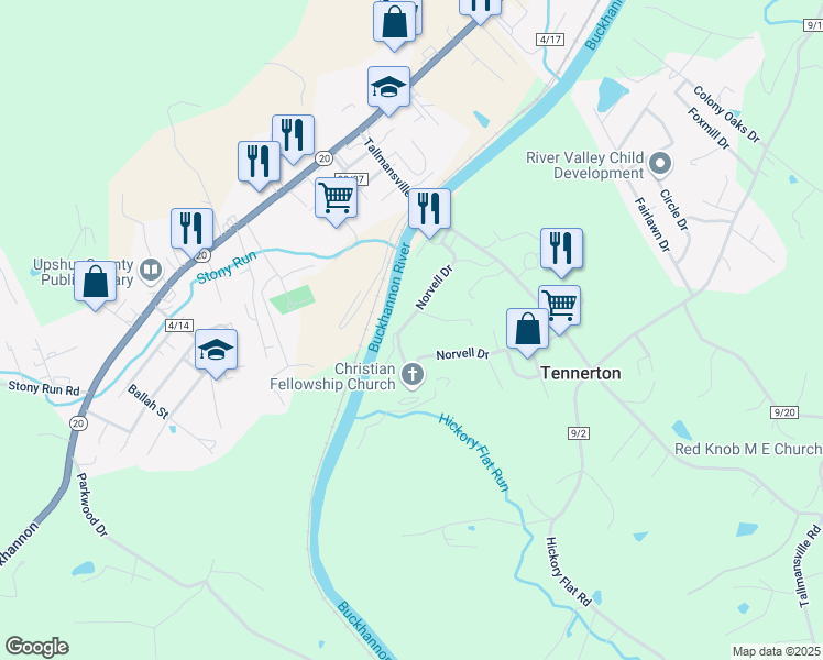map of restaurants, bars, coffee shops, grocery stores, and more near 377 Norvell Drive in Buckhannon